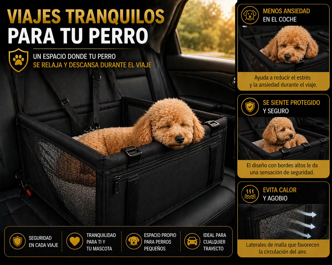 Asiento Perro Coche cómodo y Estable para Viajar sin Preocupaciones, transportín para Perros con Base rígida Antideslizante e Impermeable, Incluye Correa de sujeción, Apto también para Gatos