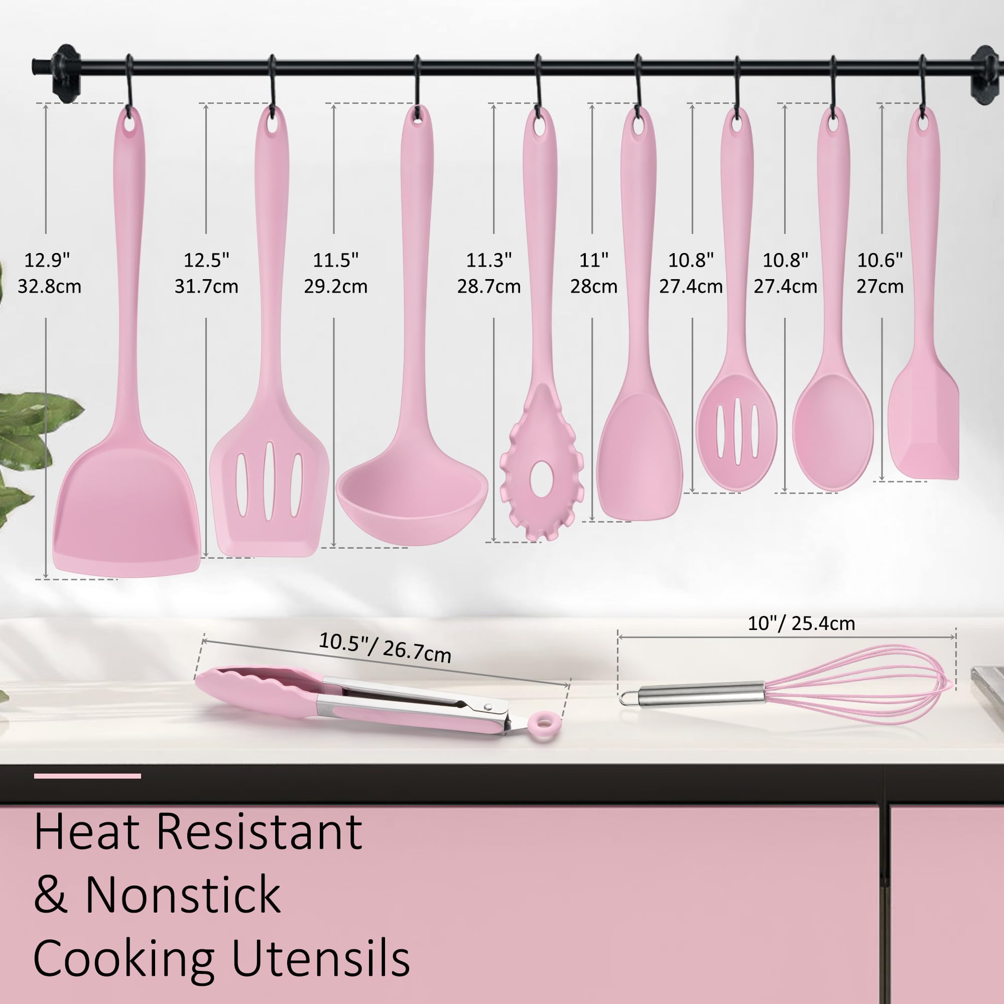 Silicone Cooking Utensils Set of 10, Leonyo Black Kitchen Utensils Set for Cooking, 446°F Heat Resistant Silicone Kitchen Tools with Turner Spatula, Soup Ladle, Spoons for Nonstick Cookware, Pink