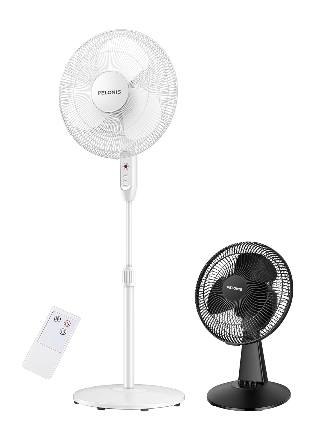 PELONIS 16'' Pedestal Remote Control Oscillating Stand Up Fan 7-Hour Timer, 3-Speed, and Adjustable Height & Table Fan 12-Inch Oscillating Table