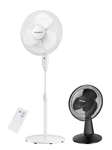 PELONIS Ventilador oscilante de pie con control remoto de 16 pulgadas, temporizador de 7 horas, 3 velocidades y altura ajustable y ventilador de