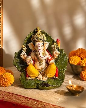 Eco-Friendly Palm Leaf Ganesha Idol with Terracotta Base, 7 Inch Decor