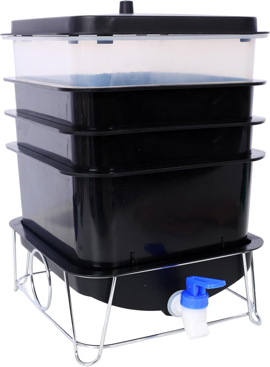 ESPIDOO Worm Farm Composting Bin 4 Tray: 20L Stackable Compost Bin with Tools - Black PP Plastic for Indoor & Outdoor Organic Waste Recycling - Includes Gloves Coconut Brick Scraper & Rake