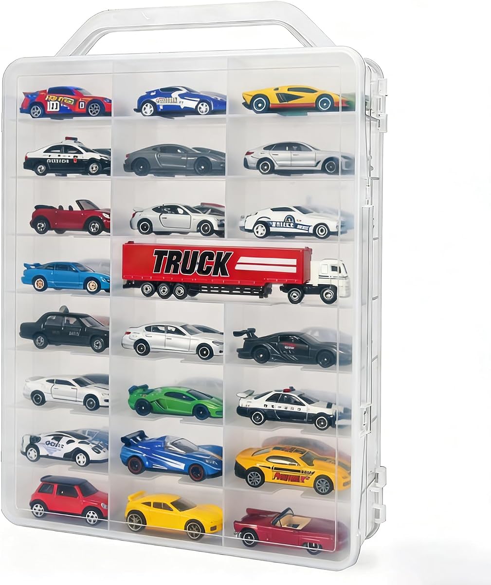 Double-Sided 1:64 Model Car Storage Case, 48-Slot Clear Organizer | Transparent Display and Storage Box With Handle, Snap Latches and 48 Slots for Most 1:64 Die-Cast Model Cars, Case Only