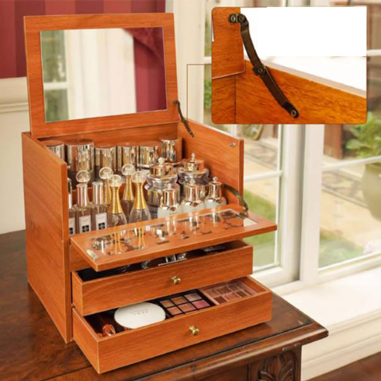 Almacenamiento de cosméticos Organizador de Maquillaje Madera con Espejo y 2 cajones