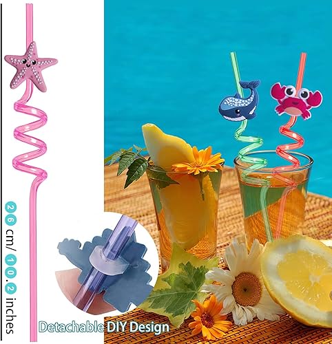 Miniatura 3 de Pajitas reutilizables de animales marinos  16 popotes de plástico para beber criaturas oceánicas para decoración de fiestas de niños, suministros de