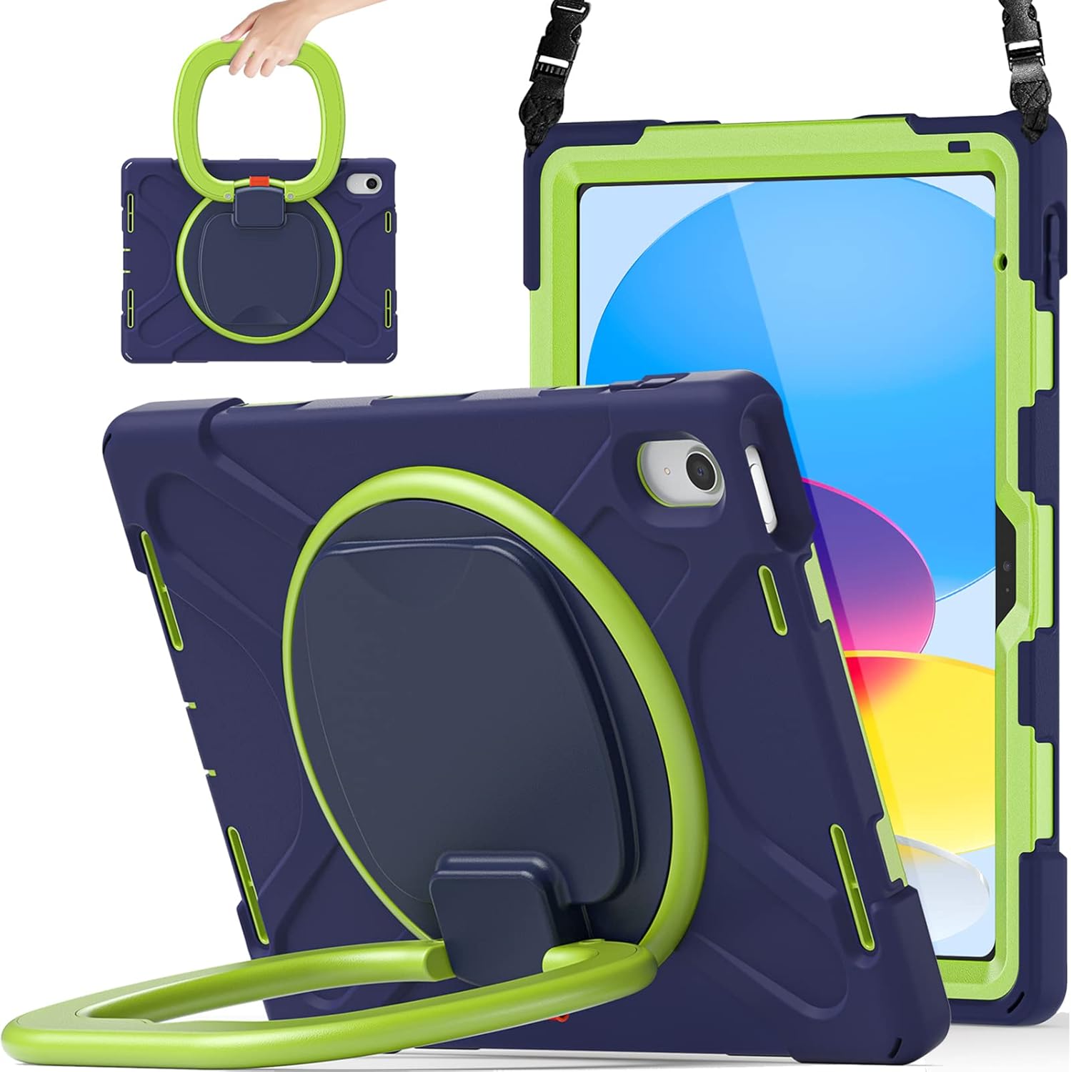 SCSVPN Case for iPad (A16) 11th Generation 11-inch 2025/10th Generation 10.9 Inch 2022, Full Body Shockproof Protective Cover with Pencil Holder, Rotating Stand & Handle, Shoulder Strap - Navy Green