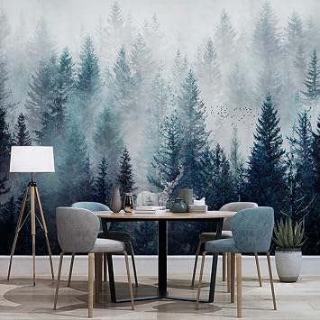Wall Mural Misty Forest Landscape Removable Self-Adhesive Wallpaper Landscape Waterproof Poster Paper Wall Decoration for Bedroom Living Room 138x96 Inch