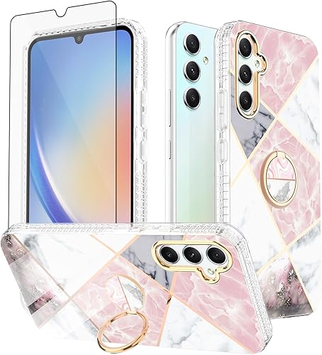 Asuwish Funda de teléfono para Samsung Galaxy A34 5G con protector de pantalla de vidrio templado y soporte para anillo de mármol, a prueba de