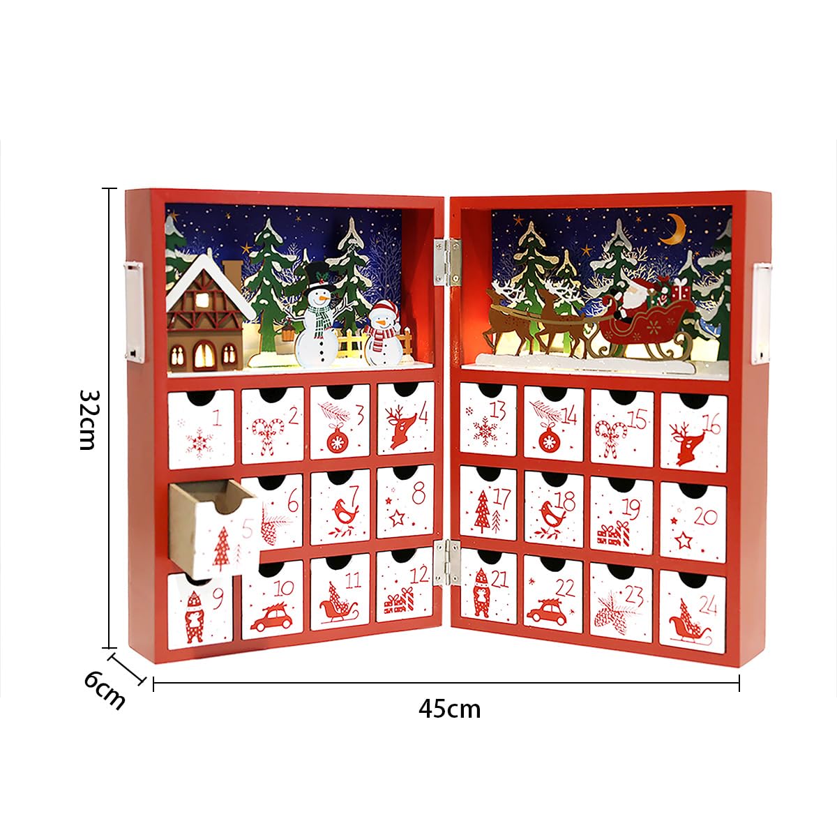 PE Weihnachten Adventskalender Buch Holz mit LEDs zum Befüllen 24 Schubladen Wiederverwendbare Weihnachten Countdown Adventskalender Weihnachtliche Dekoration Rentier Szene Kinder Erwachsene