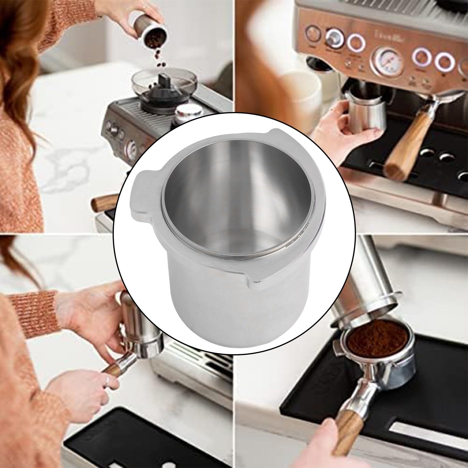 Taza dosificadora de acero inoxidable de 54 mm para máquinas de espresso de la serie 8, herramienta de transferencia de café molido con minimalista PARA DISEÑO para BES876, para limpiar