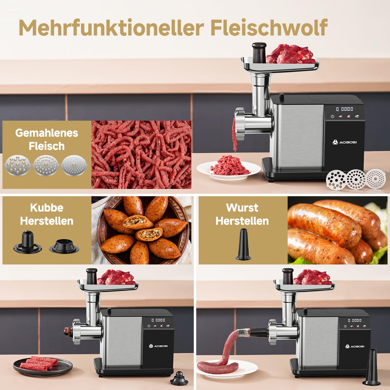 AAOBOSI Fleischwolf Elektrisch [3000W MAX] mit LED-Display,3 Geschwindigkeiten,Fleischwolf mit Anti-Verstopfungstechnik,Eingebauter Speicherbox,Wurstfüller & Kibbe-Herstellung für den Hausgebrauch