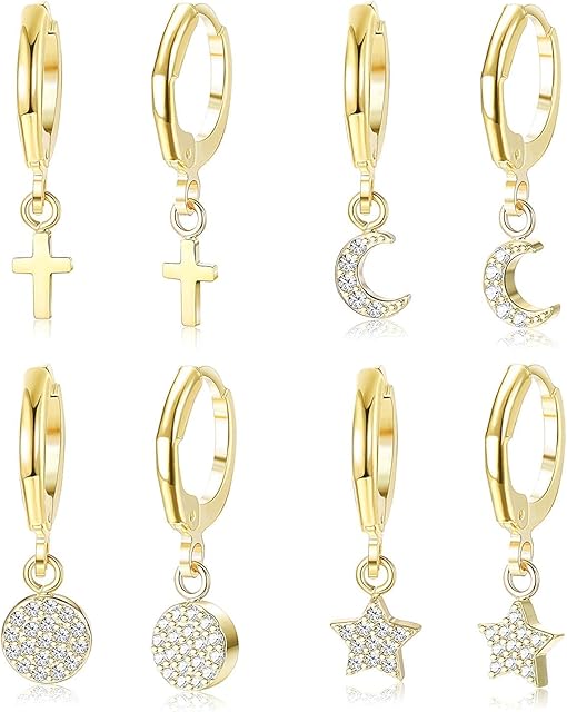 YADOCA 4 Pairs Huggie Hoop Earrings for Women Girls Cross CZ Star Moon Circle Dangle Hoop Cuff Drop Earrings