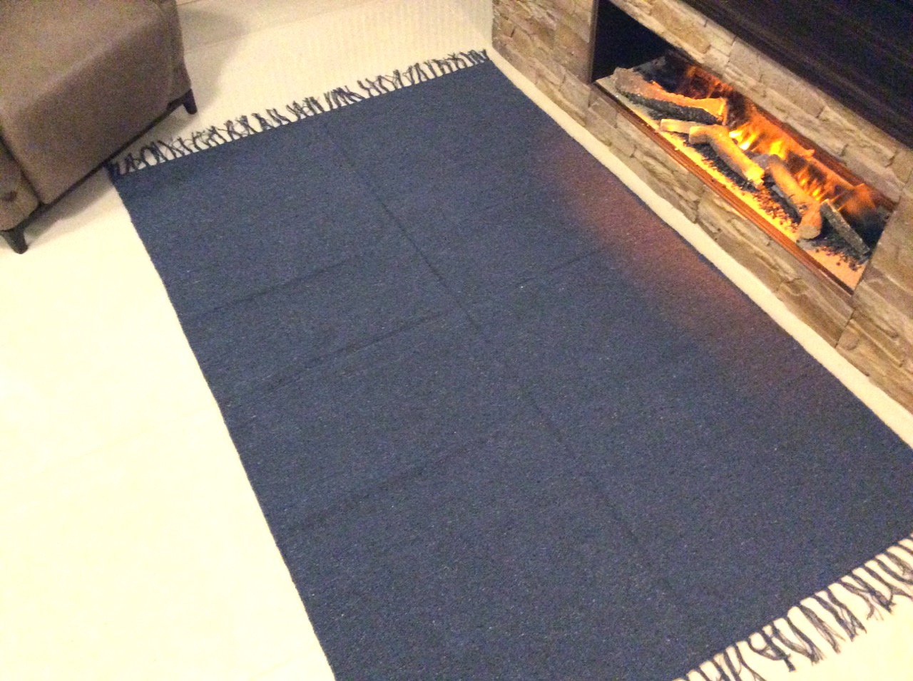Eco friendly Plain Navy Blue Handmade Recycled Cotton Rich Reversible Machine Washable Durrie Rugs (Medium 90x150cm - (3'x5'))