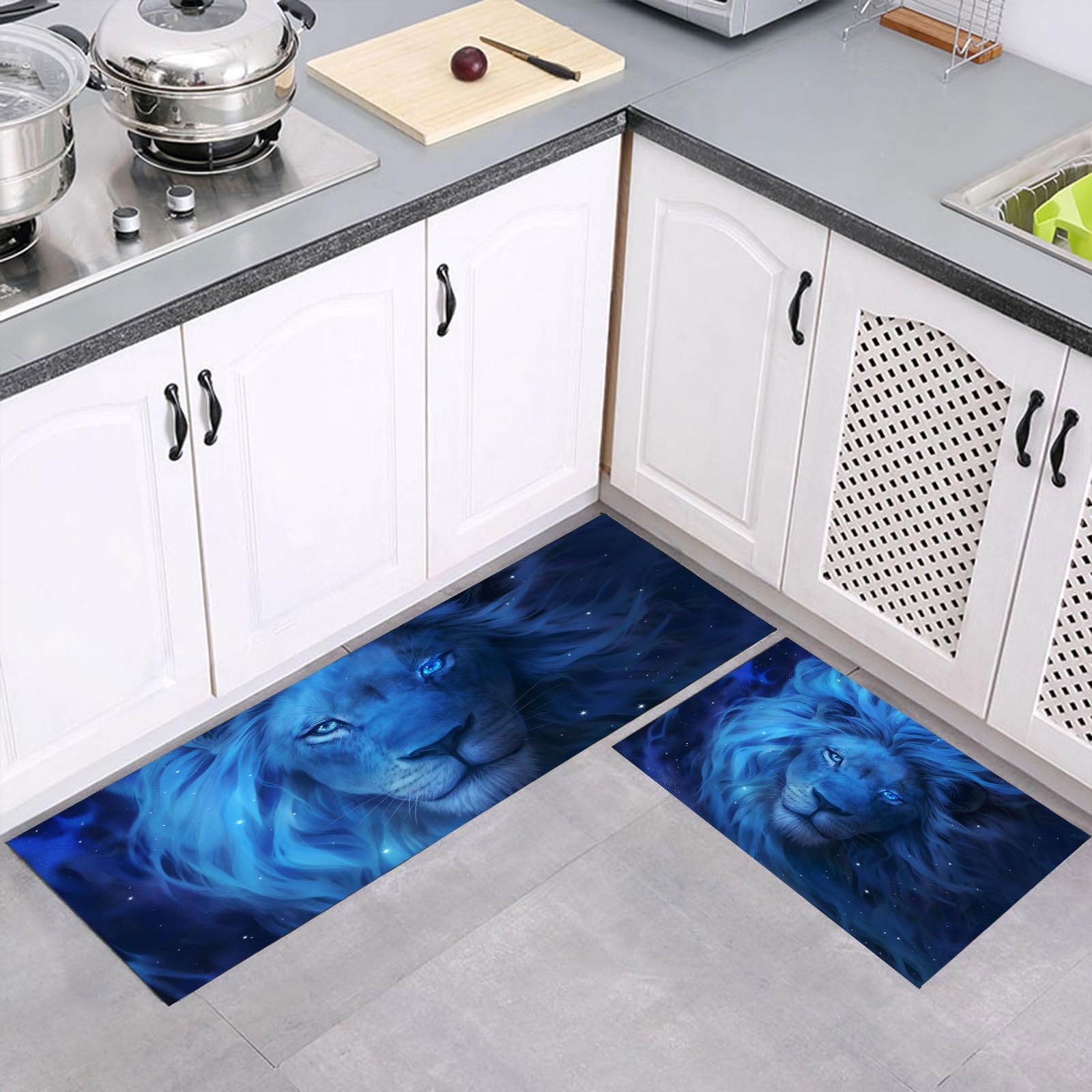 Tapis de cuisine lavable en machine absorbant l'huile lot de deux pièces motif lion moderne
