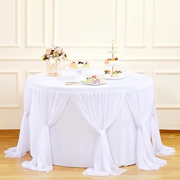 Besutolife White Tulle Tablecloth Round 4ft Ruffle Table Cloth for Wedding Birthday Party Bridal Shower Banquet Dinner Table Decorations