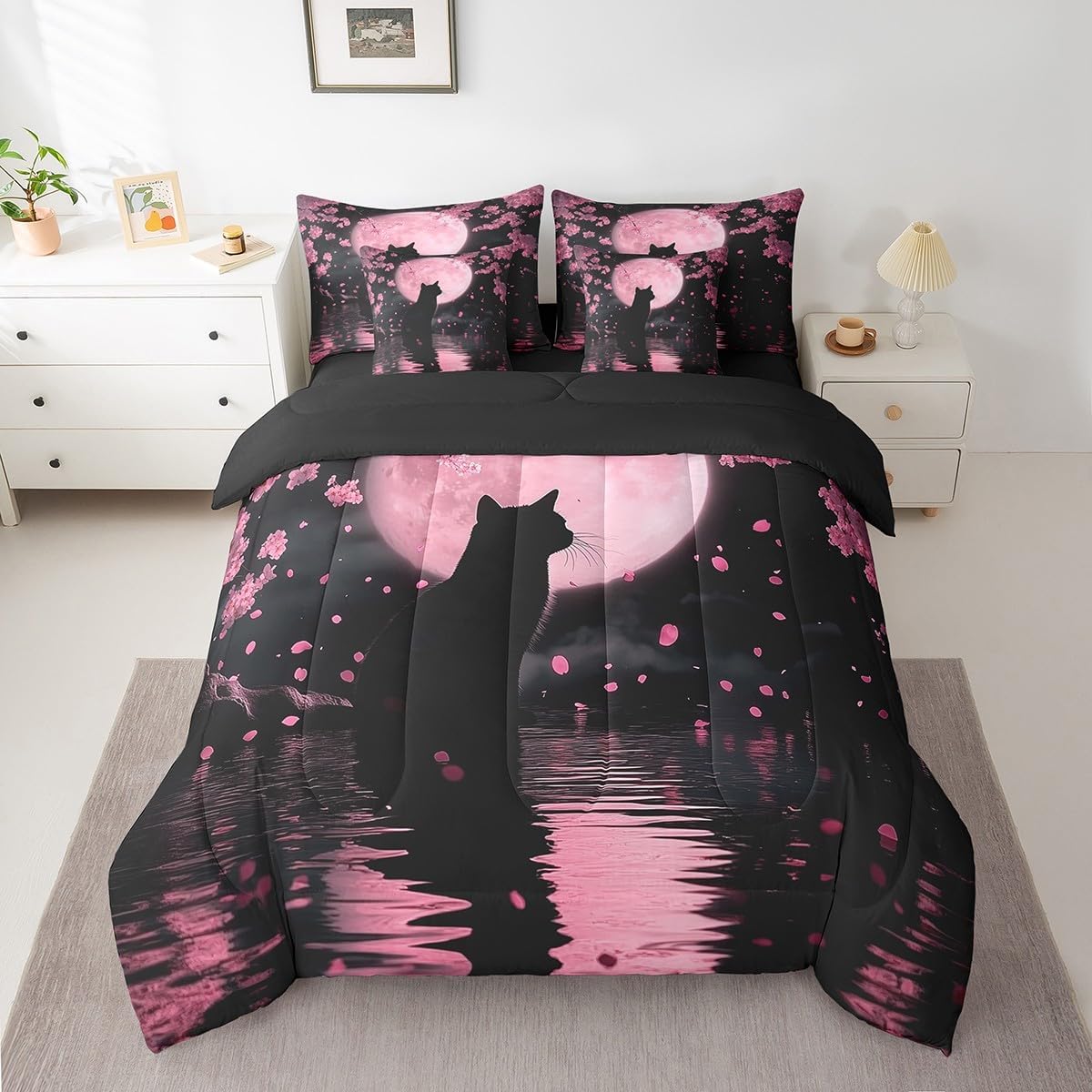 jejeloiu Kids Cherry Flower Comforter Set 7 Pieces Queen Size Cat Pink Floral Bedding Set for Boys Girls Japanese Style Bed in a Bag with Comforter, Sheets, Pillowcases & Cushion Covers