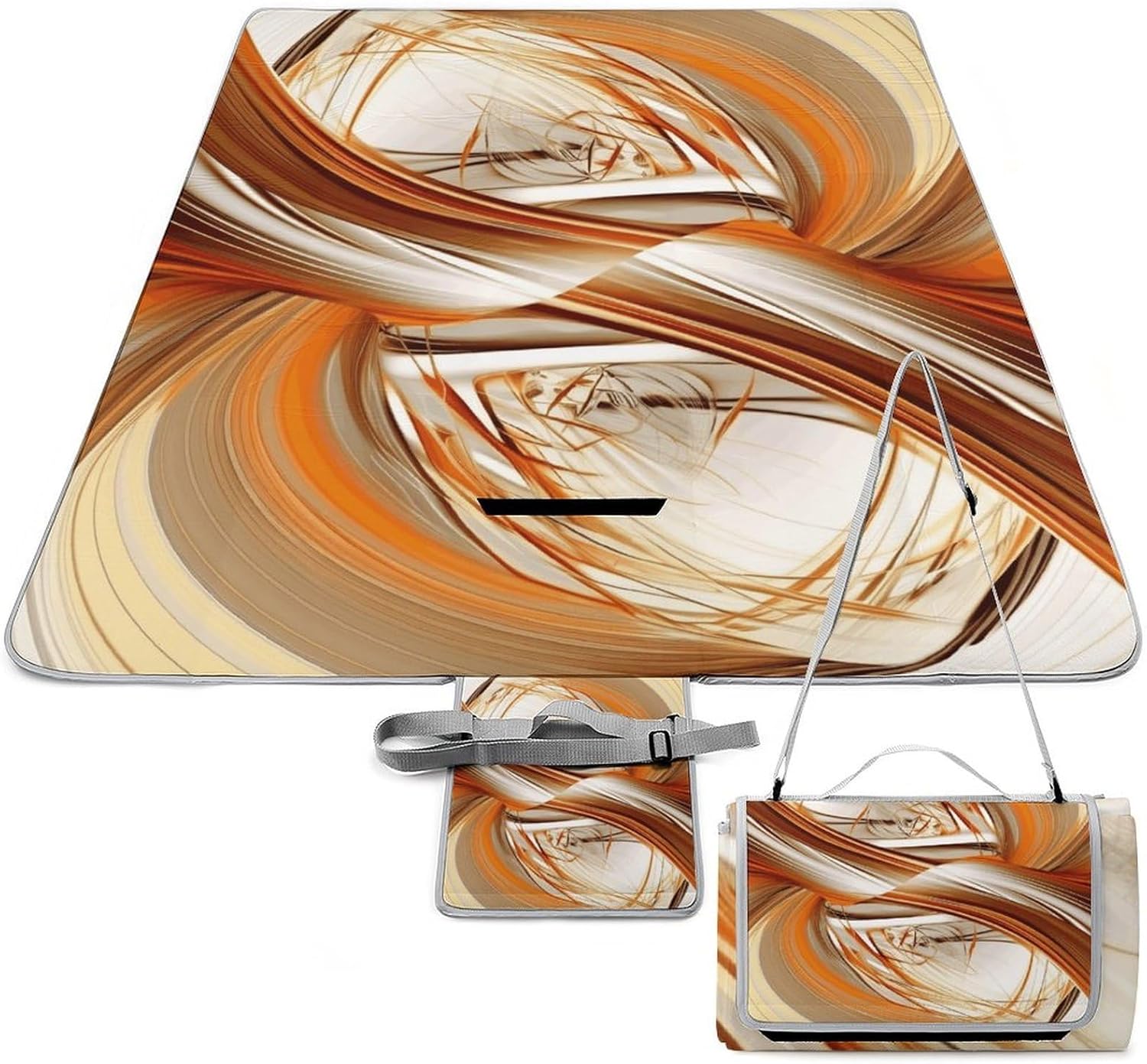 Abstract Orange White Lines Waterproof Picnic Blanket 58.3''x58.3'',Portable and Foldable Picnic Mat with Handle,Outdoor Blankets for Lawn Park Beach Travel