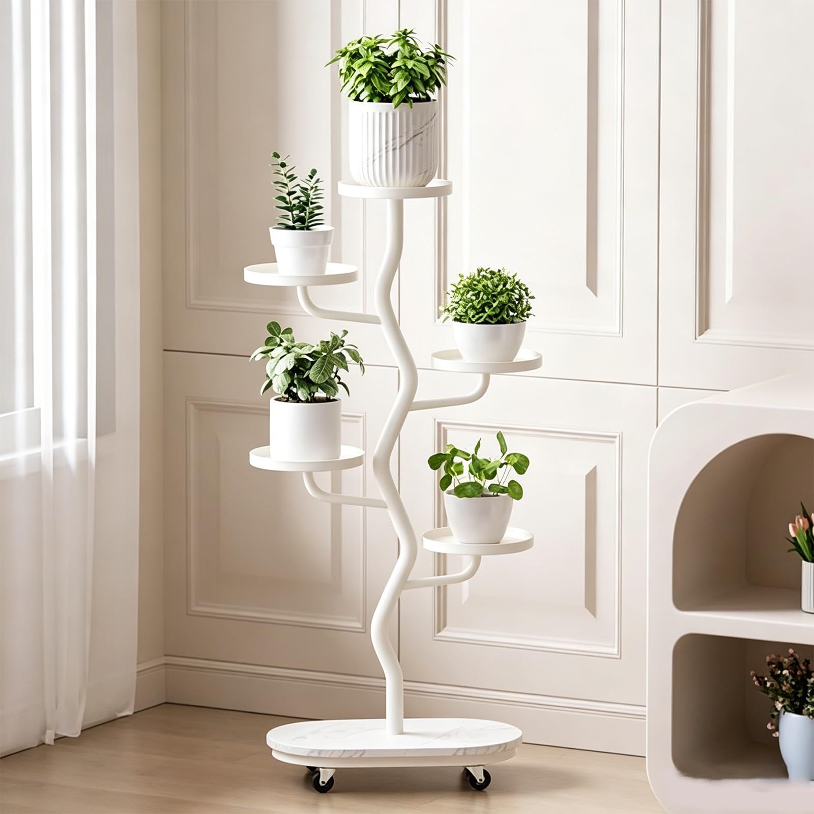 ATRBNCX Tall 6 Tier Corner Plant Stand With Wheels, Sturdy Metal Flower Shelving Unit For Multiple Pots(Color:White)
