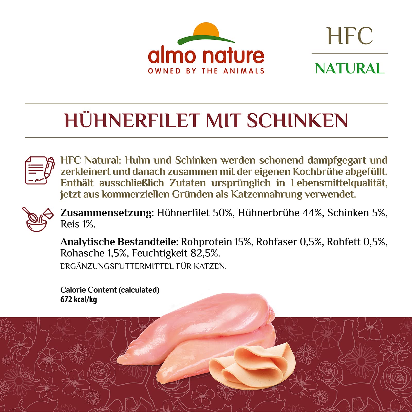 Almo Nature HFC Natural per Gatti Adulti- Cibo Umido Gatti Adulti con 100% Filetto di Pollo & Prosciutto Freschi di Qualità HFC. Pacco da 24 Bustine x 55g cad.