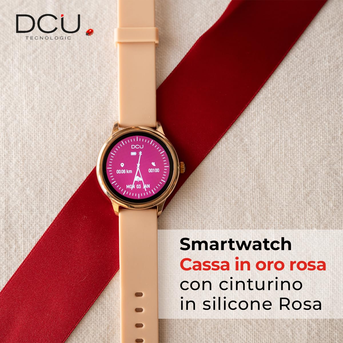 DCU TECNOLOGIC - Smartwatch Sophie - Smartwatch damski w kolorze różowego złota z różowym silikonowym paskiem - Ekran dotykowy HD 1.2'' - IP67 Wodoodporny - 22 tryby sportowe