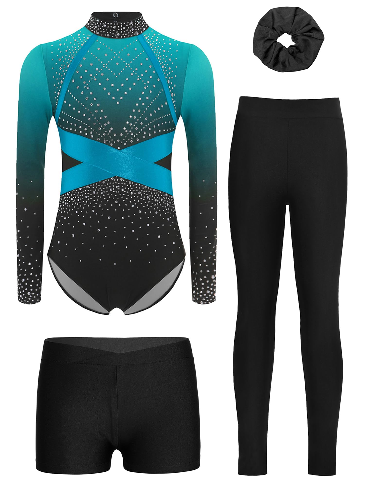 Completo da Ginnastica Bambina Strass Body da Pattianggio Artistico Leotards Manica Lunga con Pantaloncini Pantaloni Fascia Tuta Danza Classica