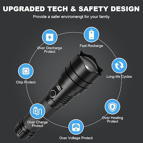 Miniatura 6 de Linternas LED recargables de alto lúmenes 990,000 lúmenes súper brillantes y potentes luces de flash con pantalla digital, 5 modos, linterna táctica