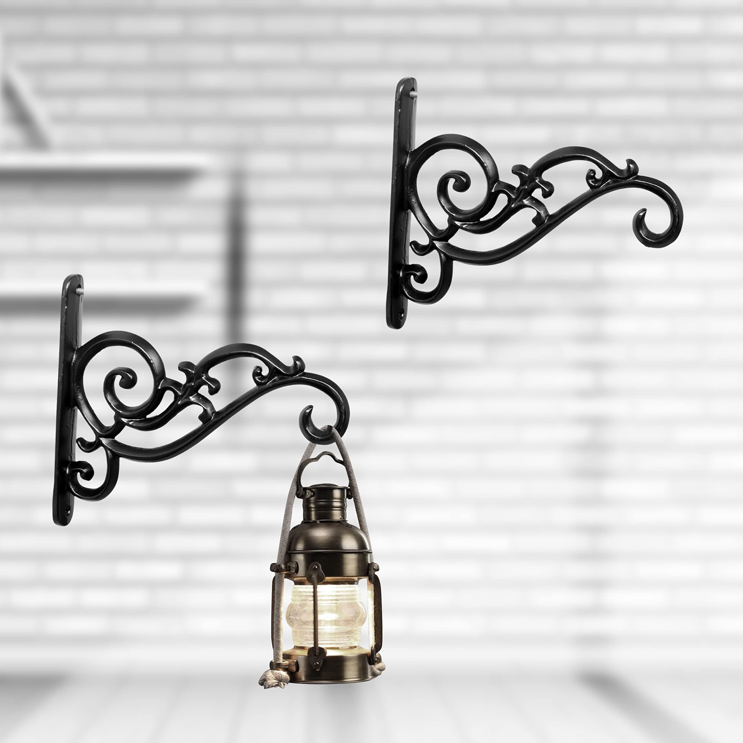 (RES) Metal Wall Hook Hanging Plant Bracket | Decorative Straight Plant Hanger for Pots Bird Feeders Planters, Lanterns, Cotton, Wind Chimes Indoor and Outdoor Hanger (Pack Of 2, Black 45)
