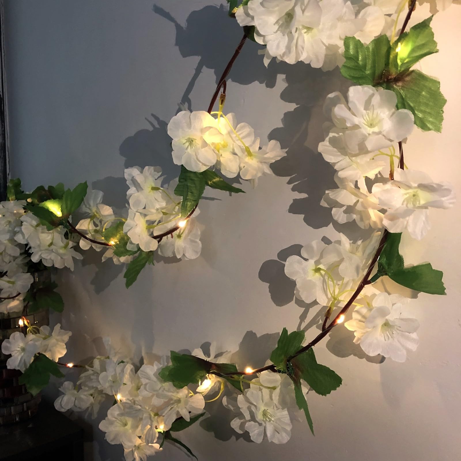 Simulation Cherry Blossoms String Lights Hanging Vines Plant Garland Silk Artificial Hydrangea Flower Fairy Light Battery Powered for Home Garden Wedding Party Decor (White, 2m/20 Led)