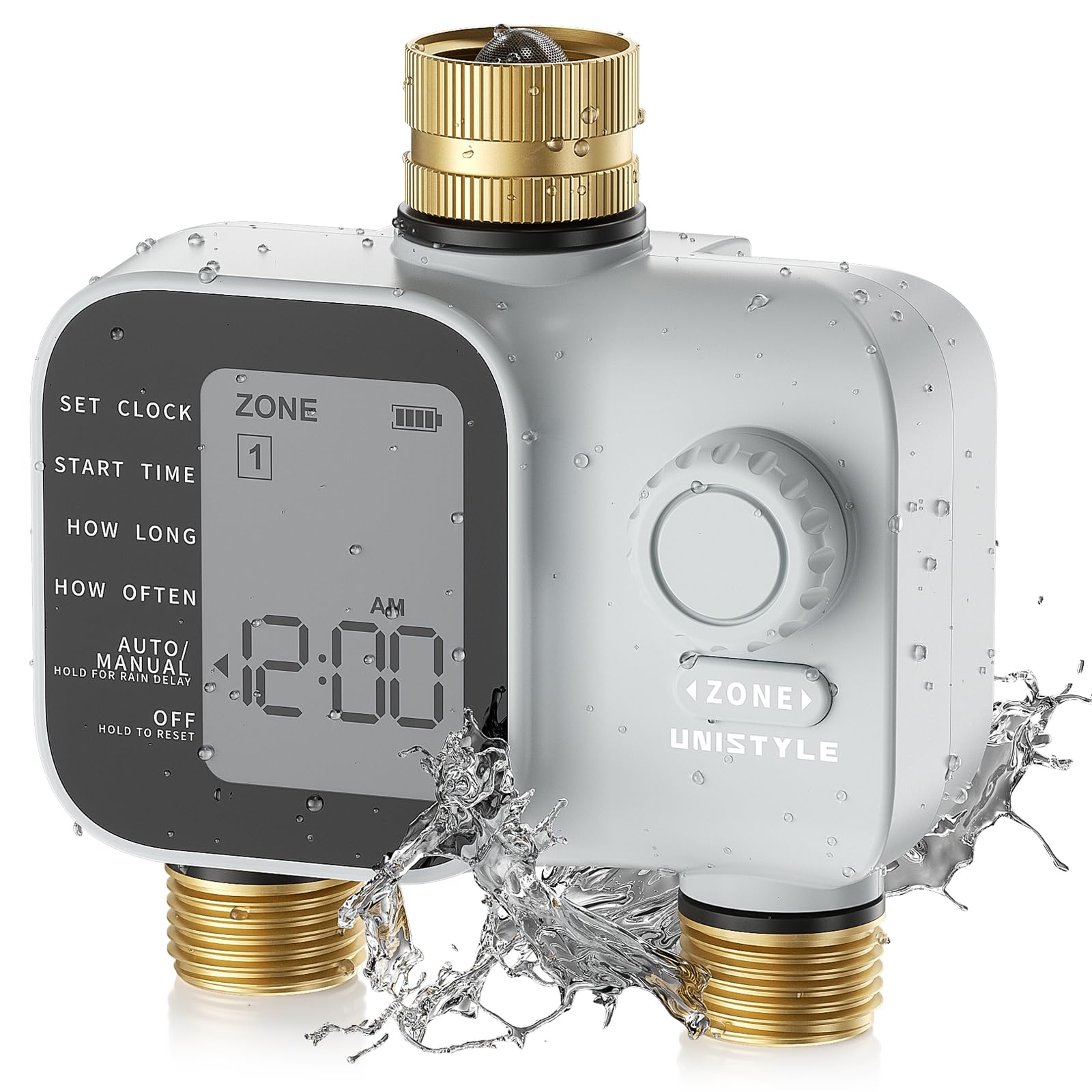 [2026 Upgrade] 2 Zone Sprinkler Timer with Brass Inlets & Outlets, Unistyle Programmable Water Timer for Garden Hose, IP55 Waterproof Hose Timers with Manual Irrigation Timers & for Yard and Lawn