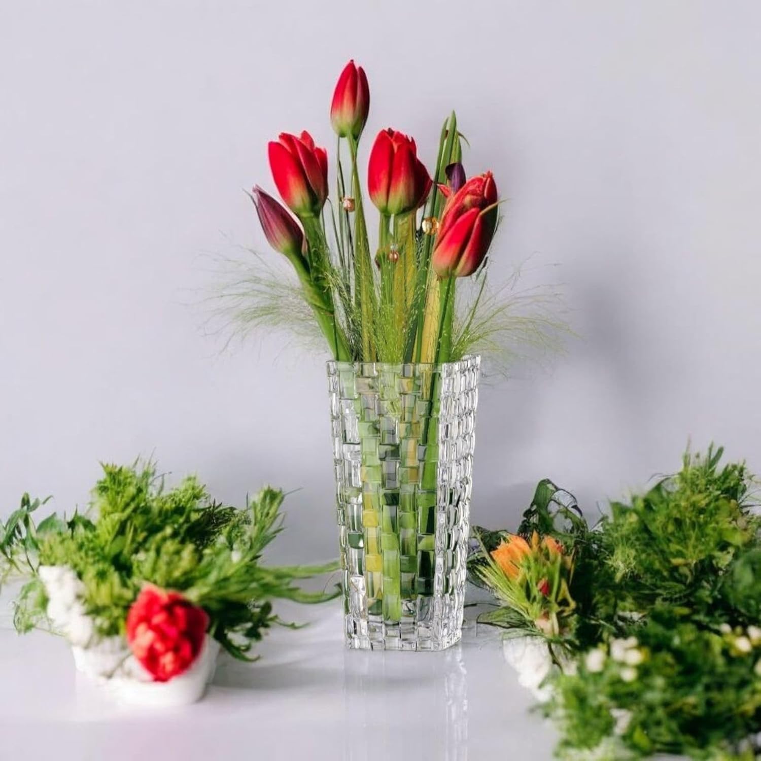 Saudeep India Glass Diamond Cut Flower Vase 15 cm Decorative Vase | Elegant Centerpiece for Home Décor, Living Room, Bedroom, Dining Table, Office Desk, Wedding & Party Decoration (Regular Quality)