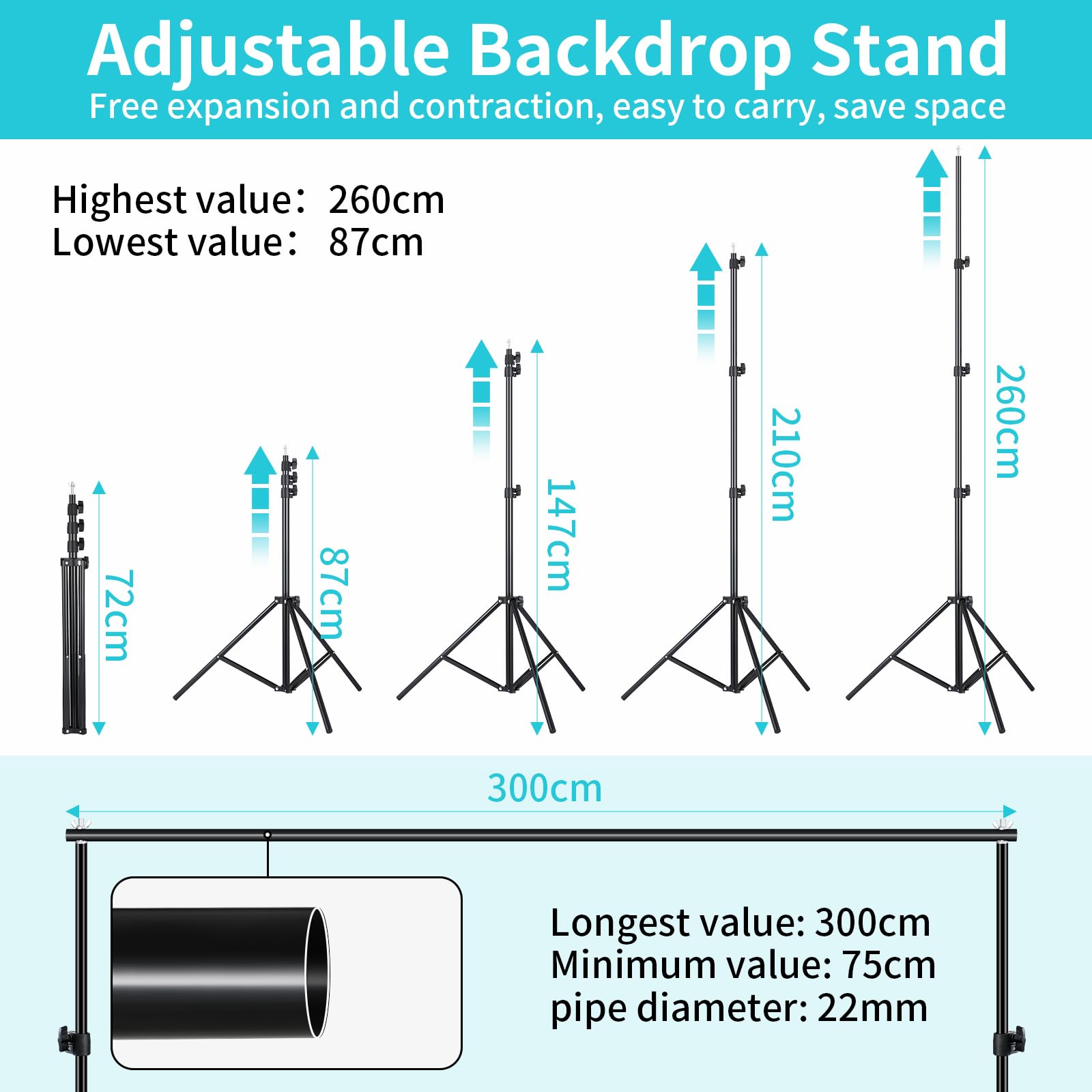 Clevich Soporte de Fondo, Sistema de Fondo Ajustable de 2,6 x 3 m, Marco de Fondo con 8 Pinzas de Fondo, 2 Bolsas de Arena y Bolsa de Transporte para fotografía de Productos, Retratos, Fiestas, Bodas