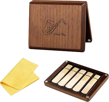 Rockhouse Wood Reed Case for Clarinet & Saxophone, Guard for Alto Tenor Sax Reeds Holder Organizer 10-Slot Storage Box with Cleaning Cloth, Brown
