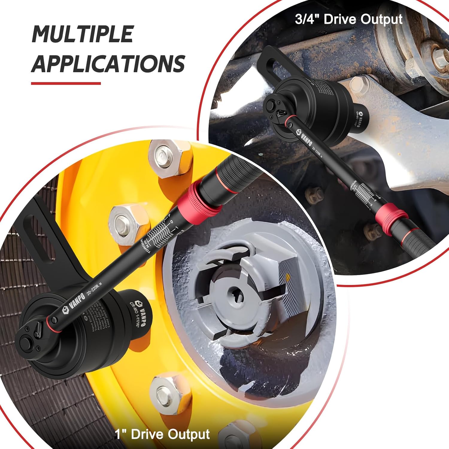 VANPO Torque Multiplier, 1/2" Drive Input to 3/4" & 1" Dual Output, Max 2655 Ft.lb/3600 N.m, 1:16 Ratio Heavy Duty Torque Multiplier Wrench Set with 1/2" Torque Wrench (20-220Nm) & 4 Impact Sockets