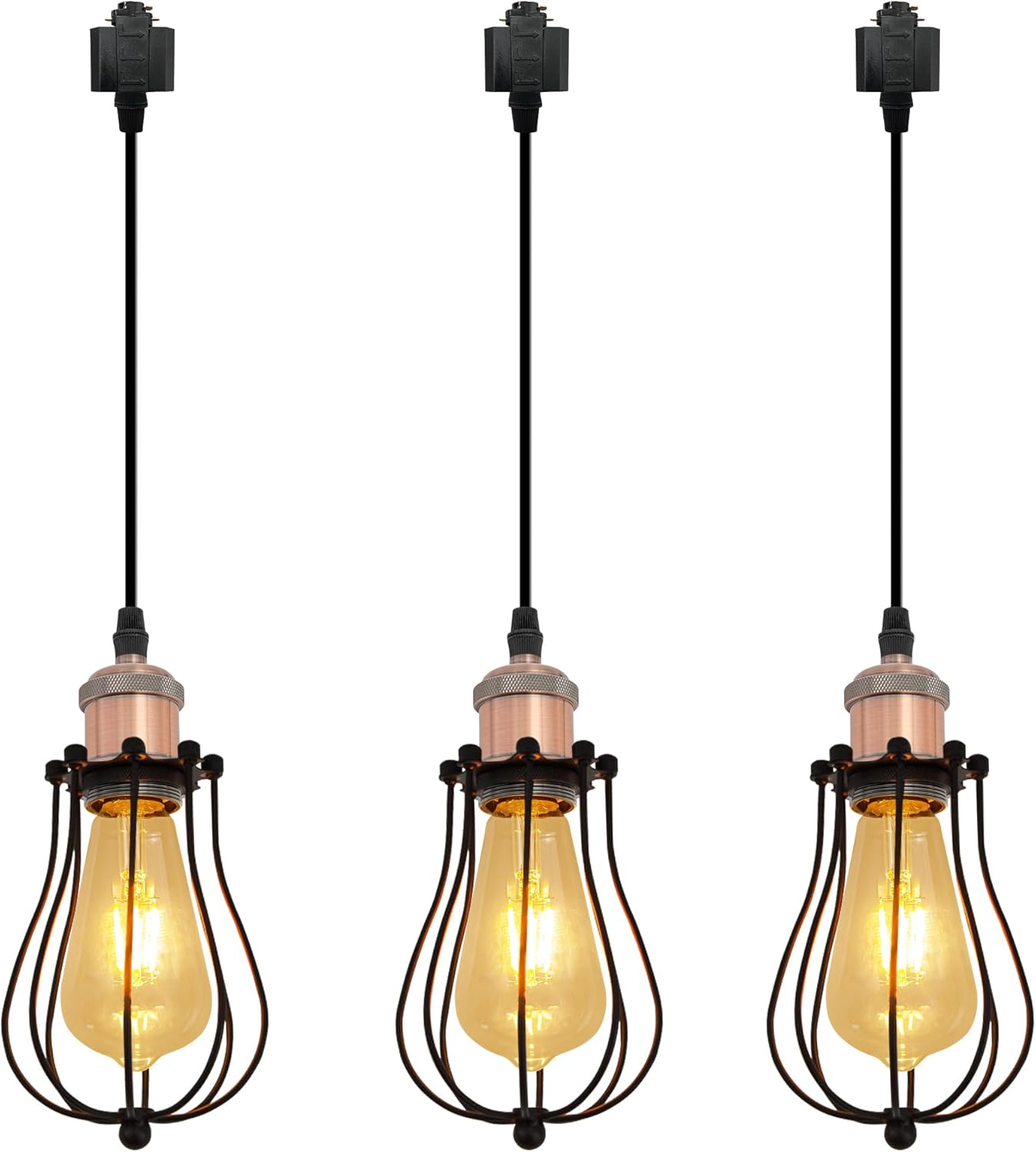 Kiven H-Type Track Lighting, 3-Light Industrial Halo Track Lighting Pendants with Metal Cage Lampshade, H Track Light Pedant for Kitchen Island Home Cafe Bedroom, Cord Length 39.4",Copper Red