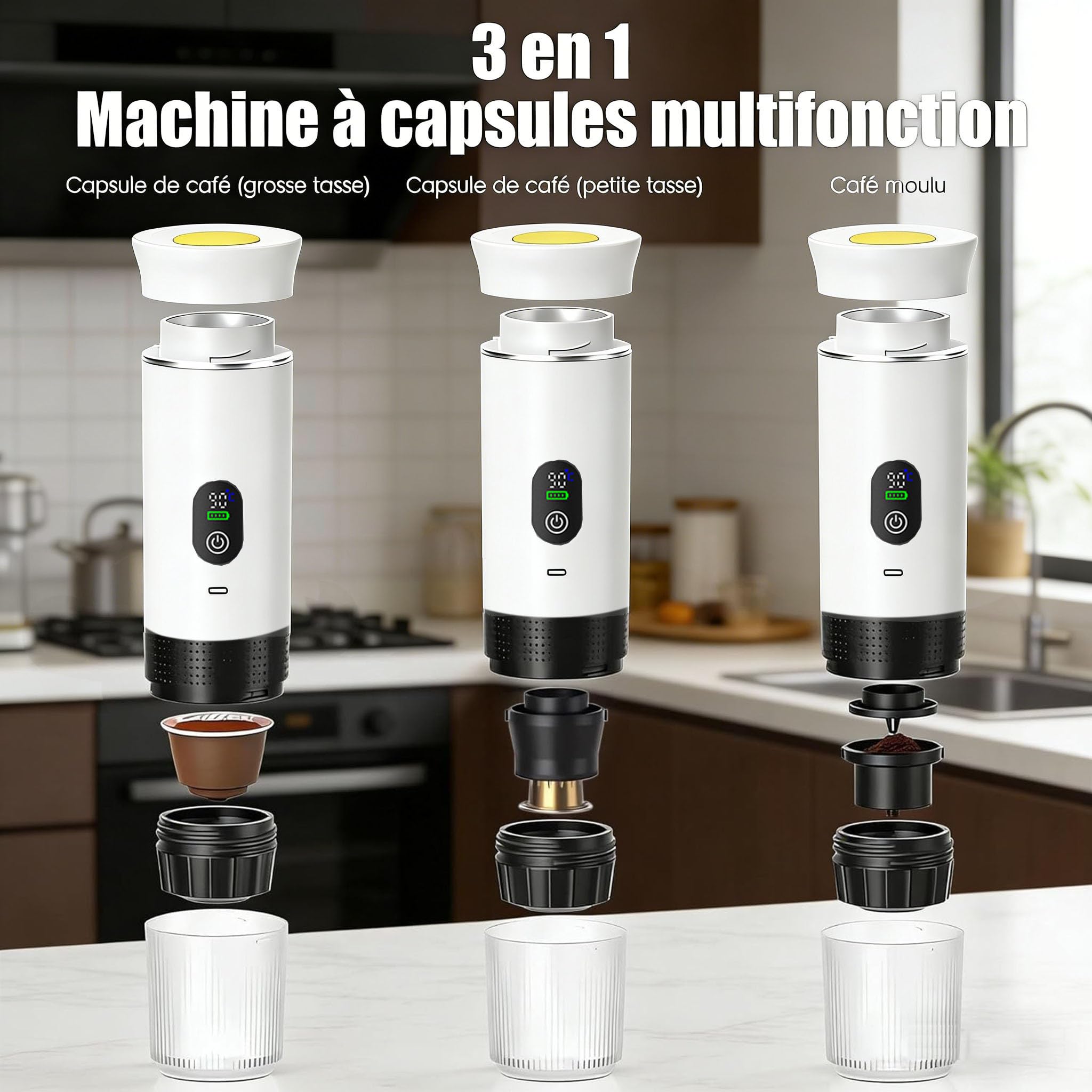 3 En1 Machine à Café Portable de Voyage,pour RV, camping,randonnée, bureau | Avec auto-chauffage,avec Charge USB-C,Cafetière avec café moulu et capsule NS,Machine à café électrique portable