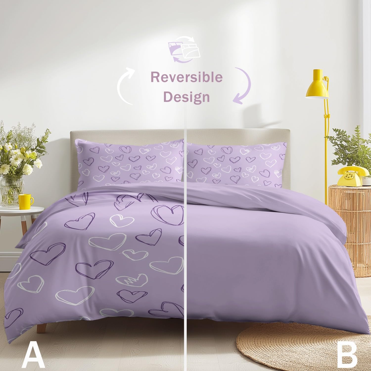 Generico Set Copripiumino Matrimoniale 260 x 240 cm, Carino Cuore per Bambini Ragazze, Viola, Minimal, Sacco Copripiumino Reversibile in Microfibra, Delicato sulla Pelle
