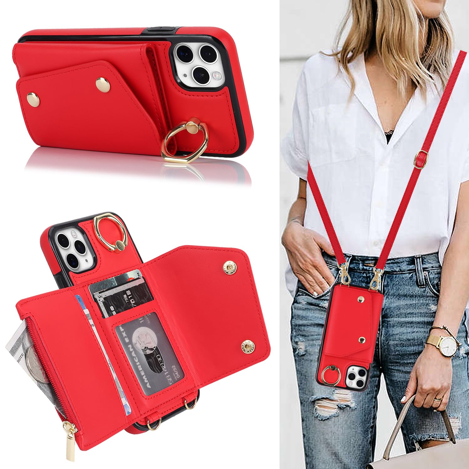 Lipvina for iPhone 11 Pro Max Case Wallet with Strap for Women,Crossbody Lanyard and Wristlet Strap,Zipper Pocket,Credit Card Holder,Ring Stand,RFID Blocking Phone Wallet Cases(6.5 inch,Red)