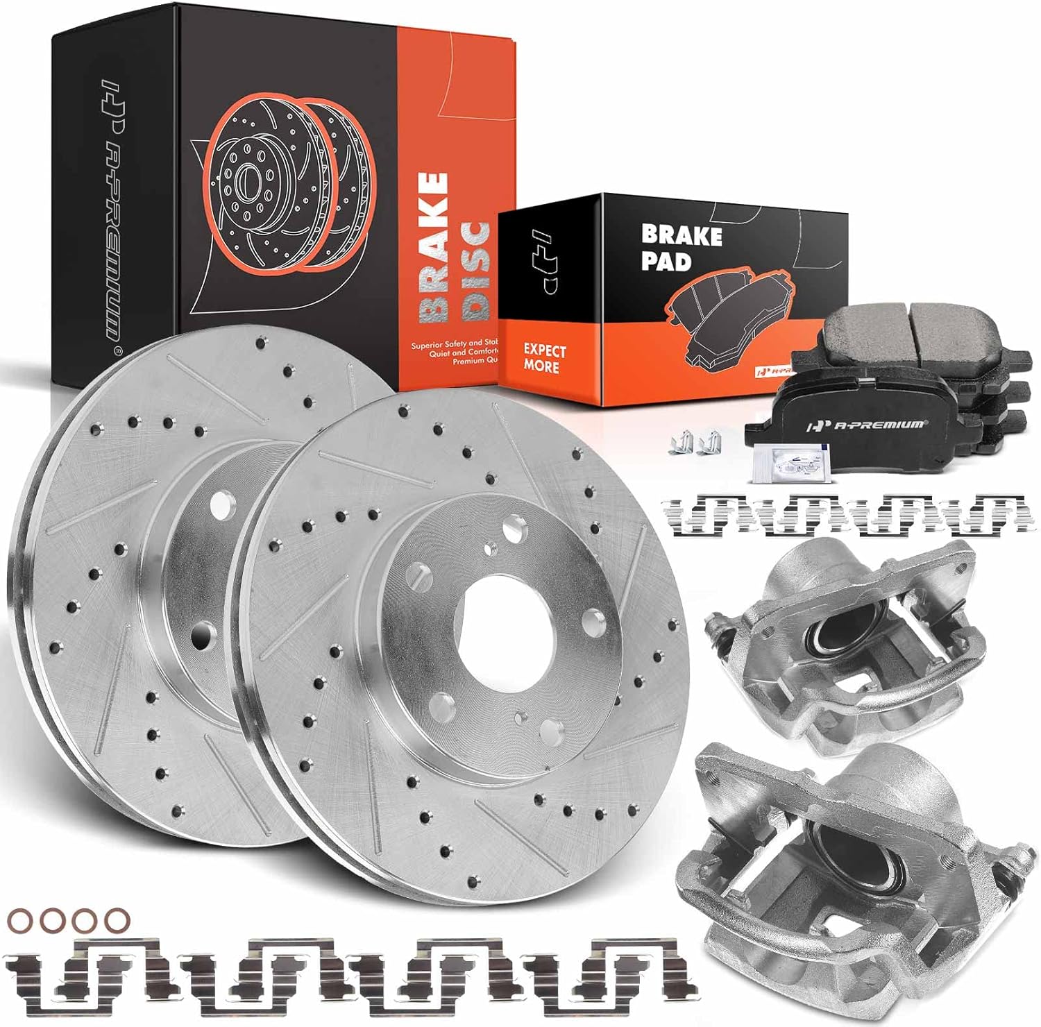A-Premium Front Drilled and Slotted Disc Brake Rotors and Ceramic Pads Kit with Calipers Compatible with Toyota Camry 1997-2001 Solara 1999-2003 Avalon 1998-2004 Lexus ES300 1997/1999-2001 8-PC Set