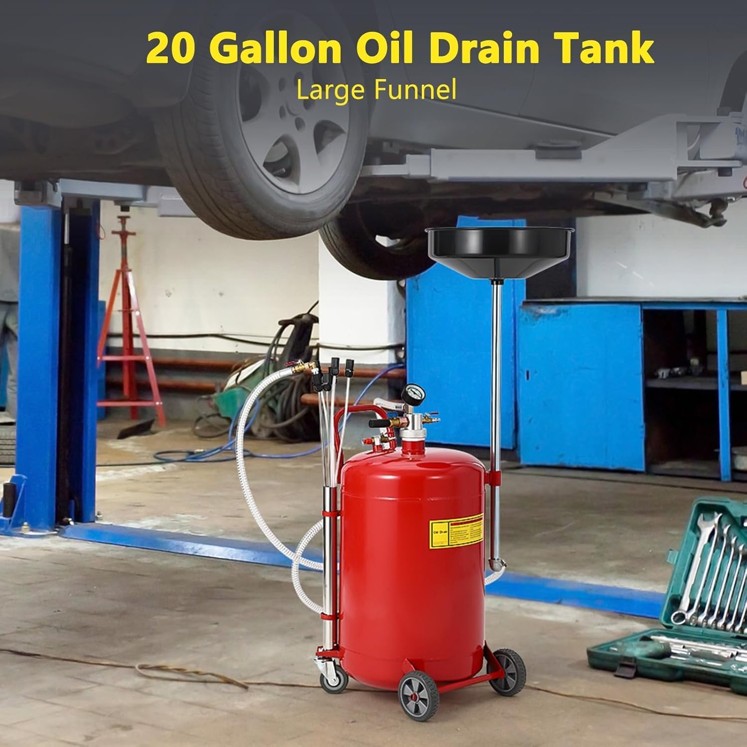 GarveeTech 20 Gallon Waste Oil Drain Tank, Air Operated Drainer Oil Change Tank,Oil Drain Container with Adjustable Funnel Height,for Easy Oil Removal (Red-Large Size, 20 Gallon)
