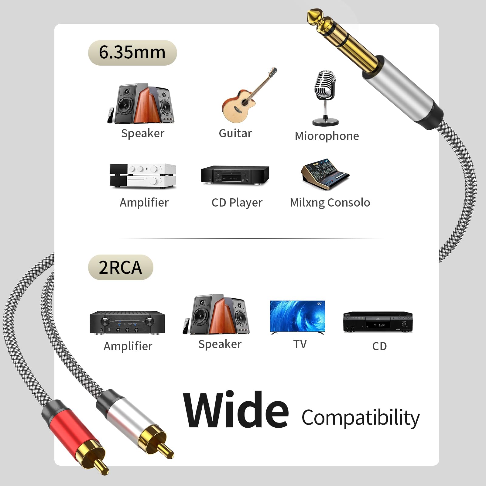 Cavo da RCA a 1/4 da 4 m, cavo splitter da 1/4 TRS a RCA Y, cavo audio da 1/4 a doppio RCA