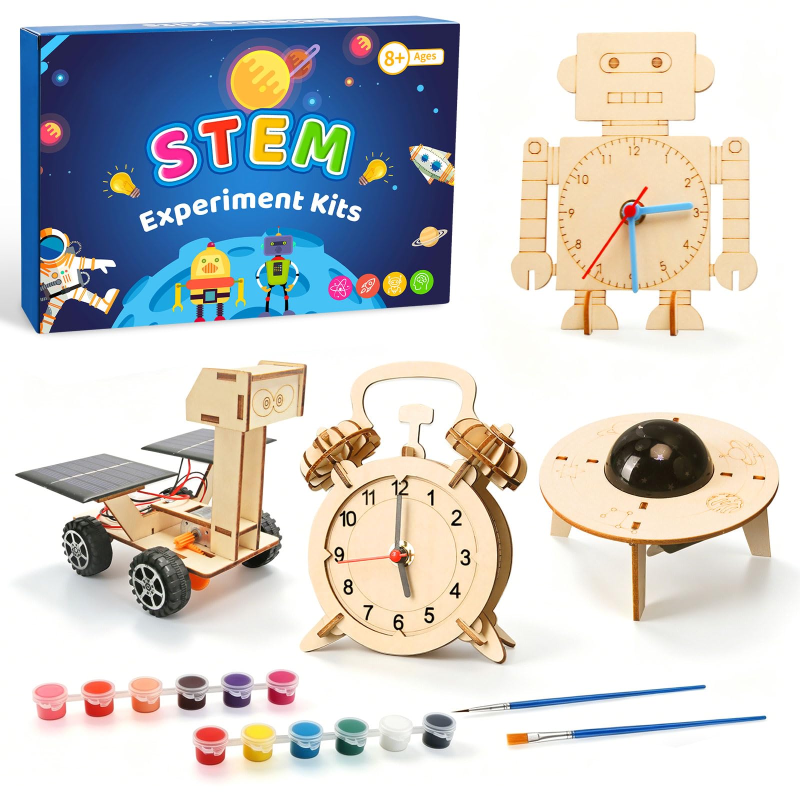 JTgugu Set of 4 STEM Science Experiments for Kids Ages 8–14, Electronics Kit & Experiment Kit, Wooden DIY 3D Puzzle Building Kit, Science Toy Gift Idea for Boys, Creative Educational Toy