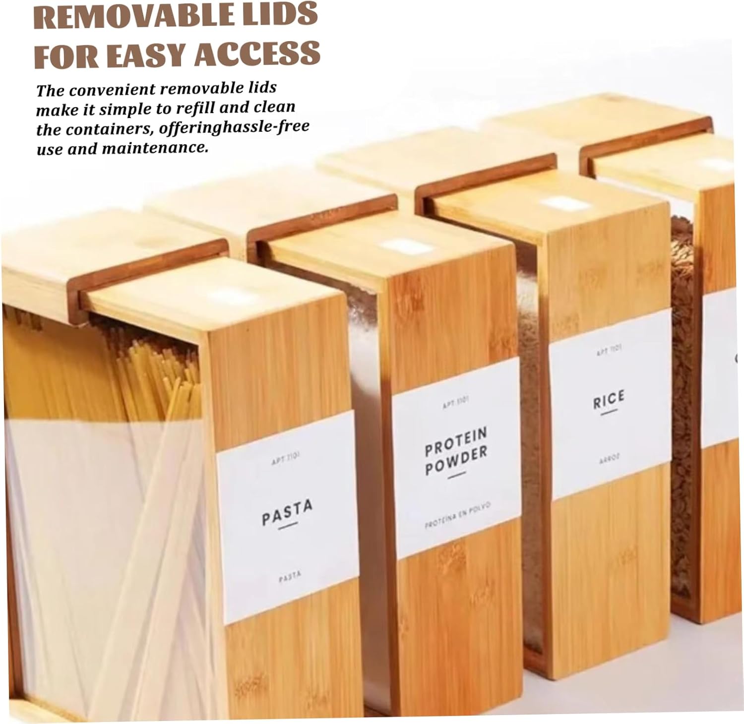 2Pcs Cereal Containers Storage, 9.1x6.8x3.2 Inch Bamboo Rice Dispenser with Removable Lids, Clear Flour Storage Containers for Kicthen