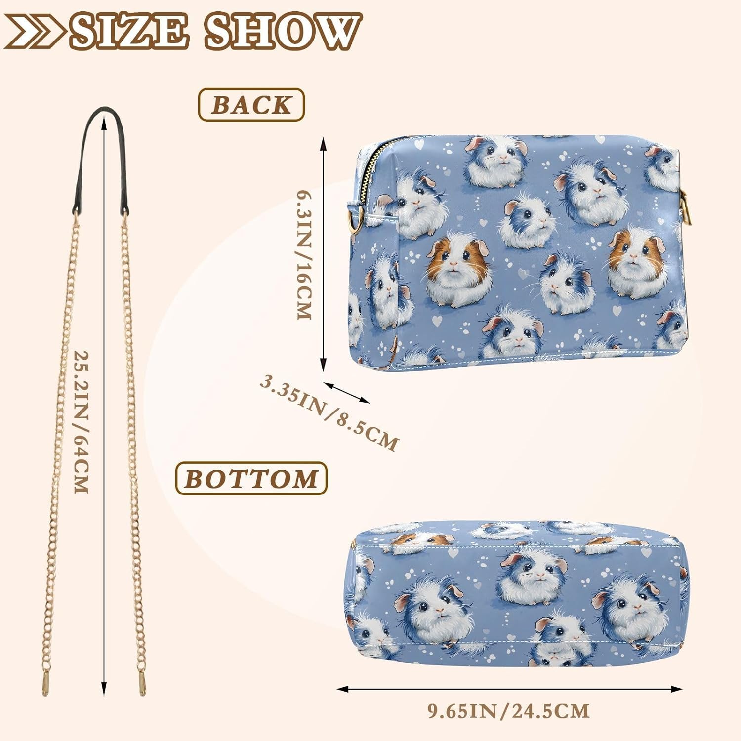 Women Crossbody Bag Shoulder Handbag Cellphone Purse PU Leather Metal Chain Strap Water Resistant Zipper Closure Blue Guinea Pigs Print
