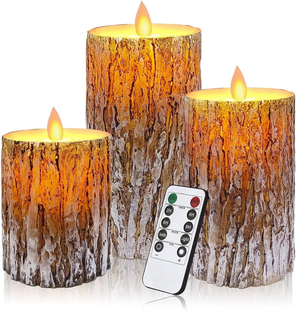 Pine Bark LED Flameless Pillar Candles Battery Operated with Flickering Warm Yellow Light Moving Wicks, Pack of 3 (D 3”×H 4”5”6”) Real Wax Candles with Timer and Remote Control