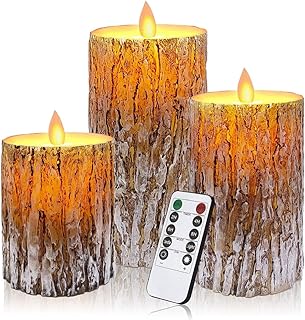 Pine Bark LED Flameless Pillar Candles Battery Operated with Flickering Warm Yellow Light Moving Wicks, Pack of 3 (D 3”×H 4”5”6”) Real Wax Candles with Timer and Remote Control