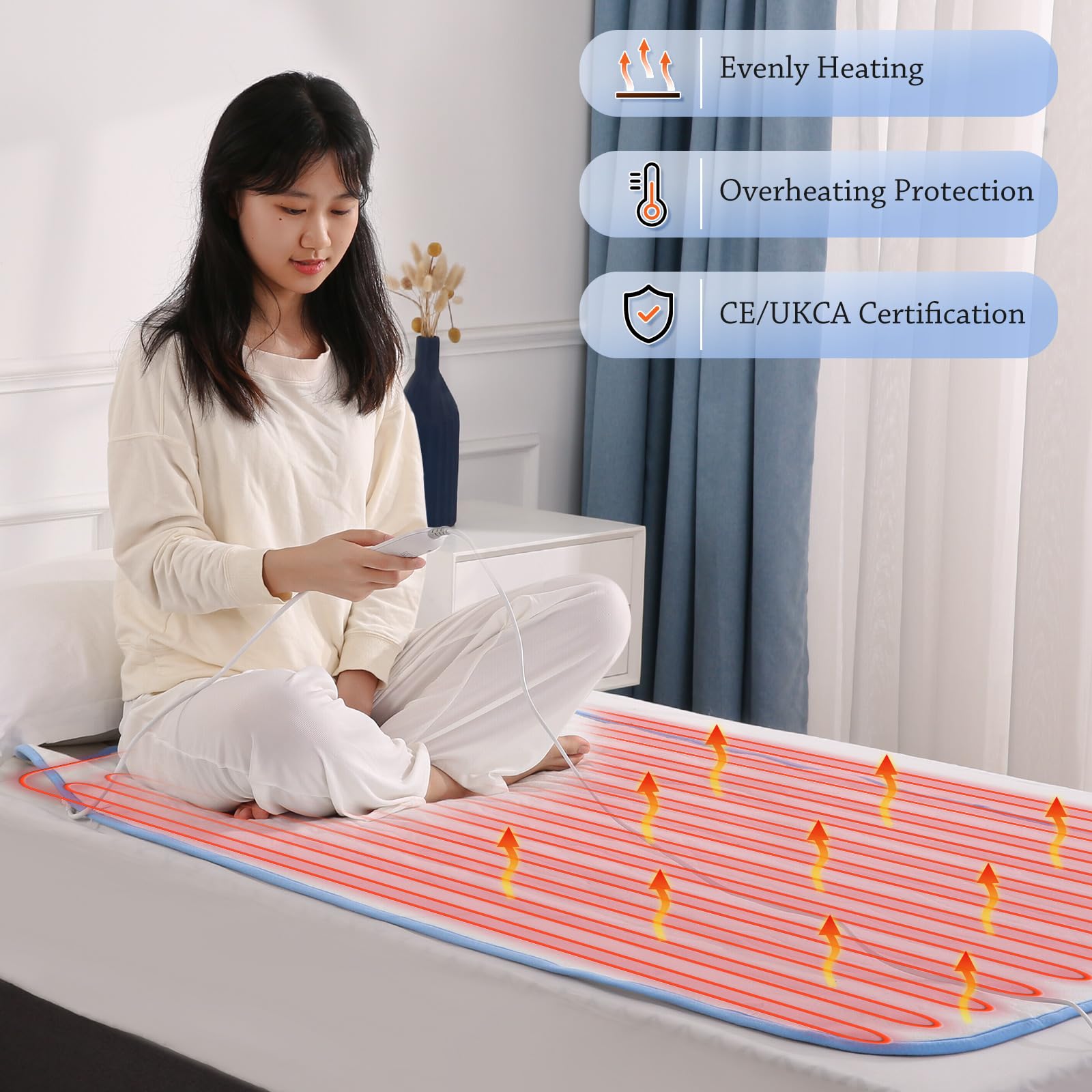 Cubrecolchón Calefactor Eléctrico con 4 Niveles de Calor, Calentamiento Rápido, Apagado Automático después de 10 Horas, Lavable a Máquina, Protección contra Sobrecalentamiento y 150 x 80 cm