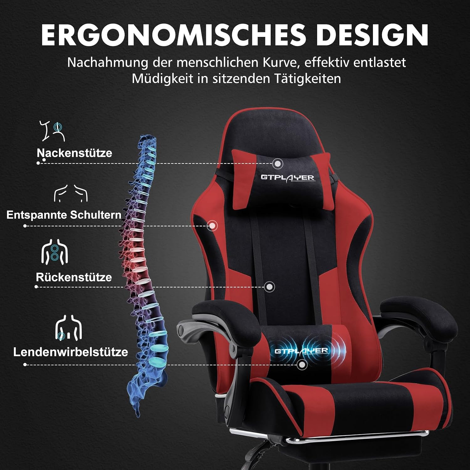 GTPLAYER Gaming Chair, Office Chair, Ergonomic PC Chair, Gaming Chair with Massage End Spine Support, Task Chairs with Footrest and Headrest, Red Fabric