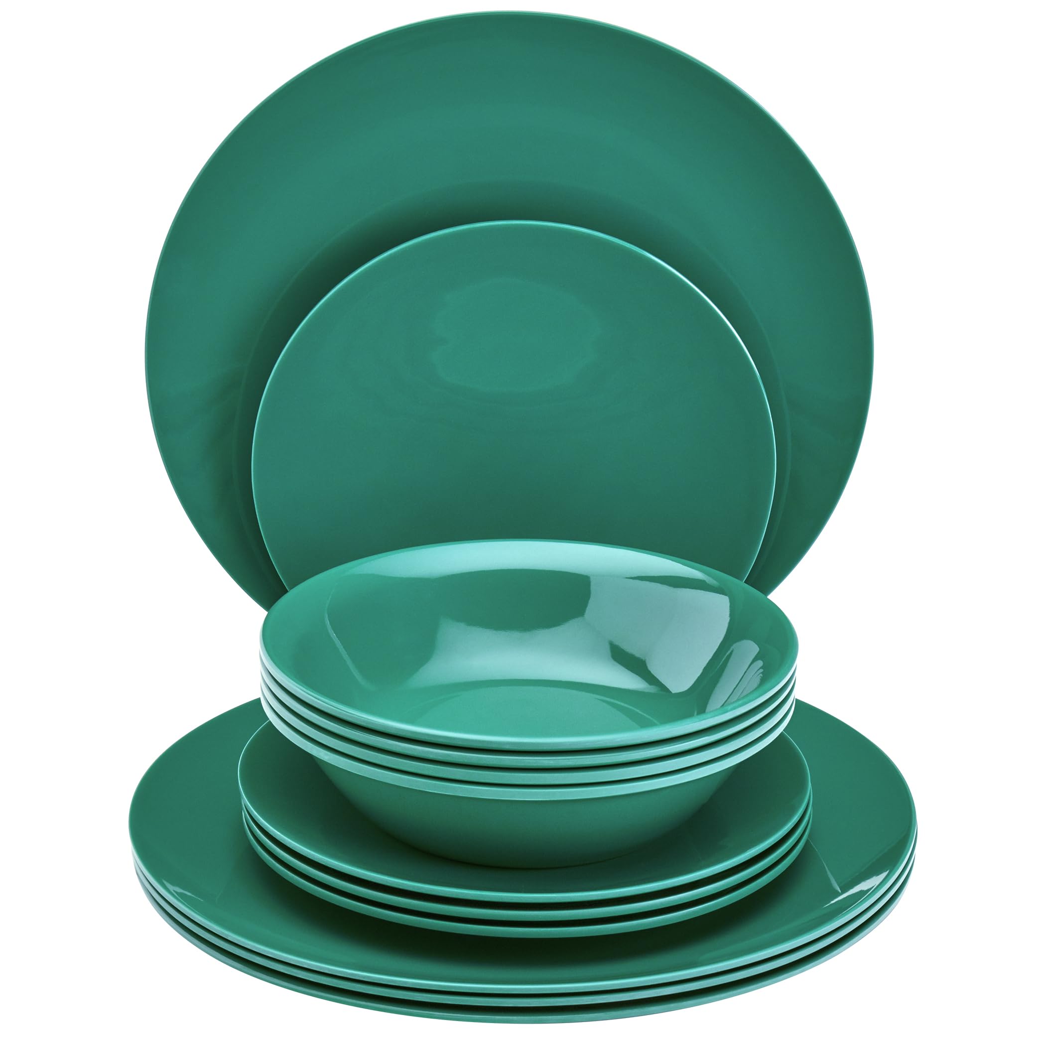 Tabletops Gallery 12 Piece Dark Green Melamine Dinnerware Set Plates Bowls for Indoor Outdoor Use, Service for 4, Emerald