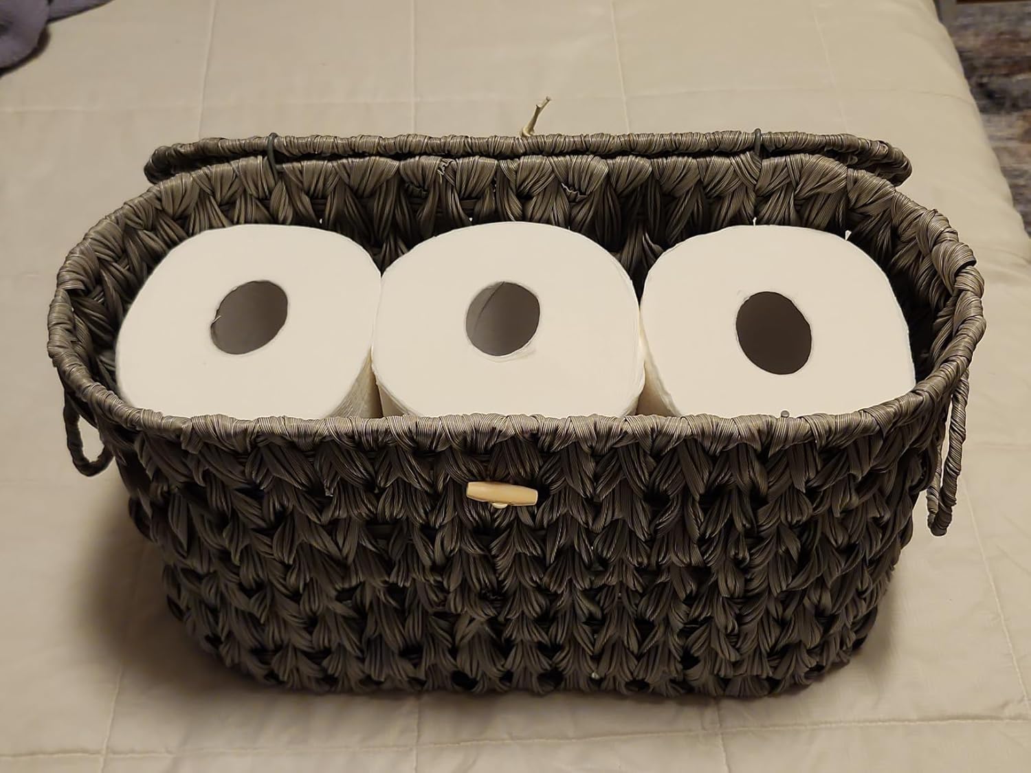 Toilet Paper Storage Basket with Lid,Wicker Toilet Paper Holder Stand,Narrow Decorative Woven Bathroom Basket Organizer,Free Standing Grey - Image 4