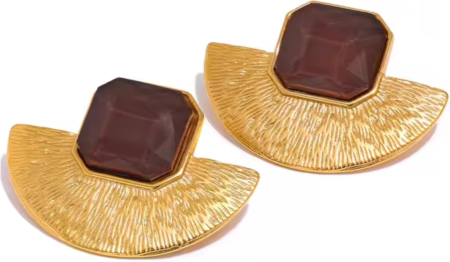 Chunky Gold Vintage Statement Earrings with Brown Stones – Bold Retro Fashion Jewelry for Women